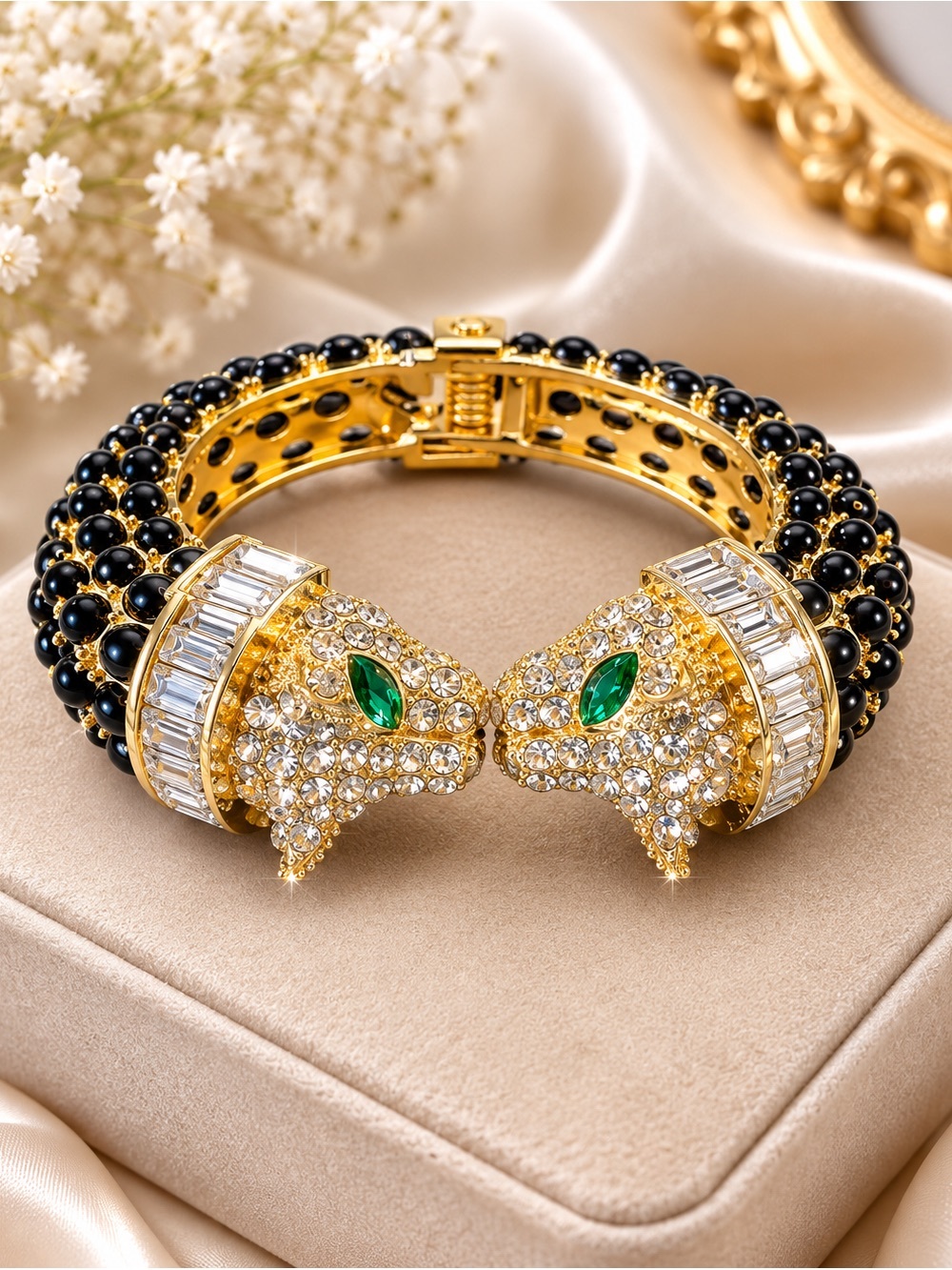 Luxury Black Beaded Double Panther Crystal Statement Bracelet